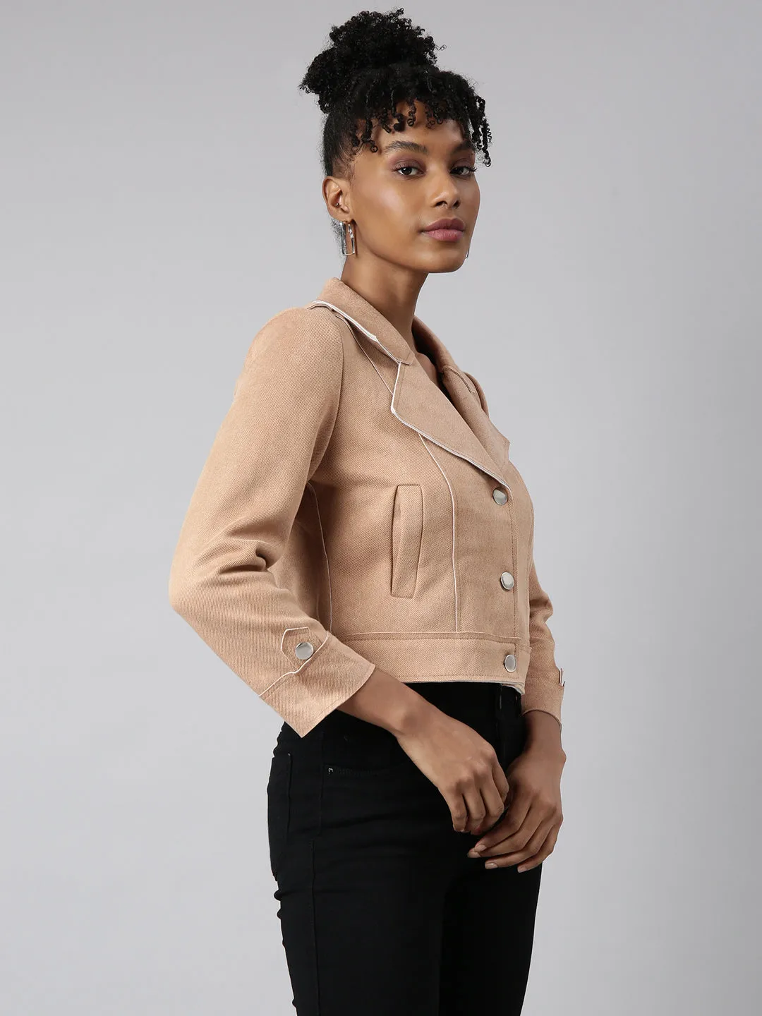 Women Solid Crop Beige Tailored Jacket