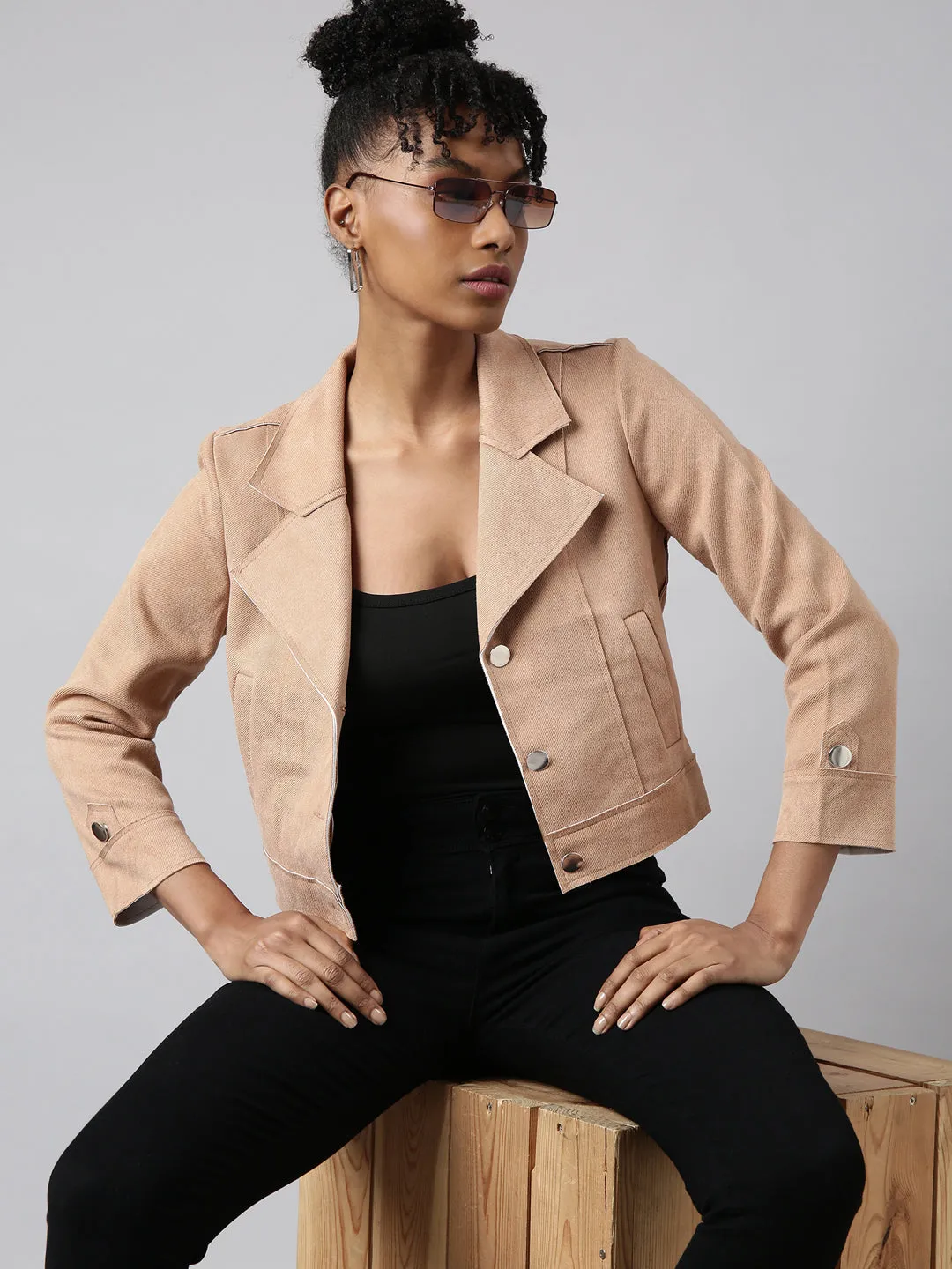 Women Solid Crop Beige Tailored Jacket