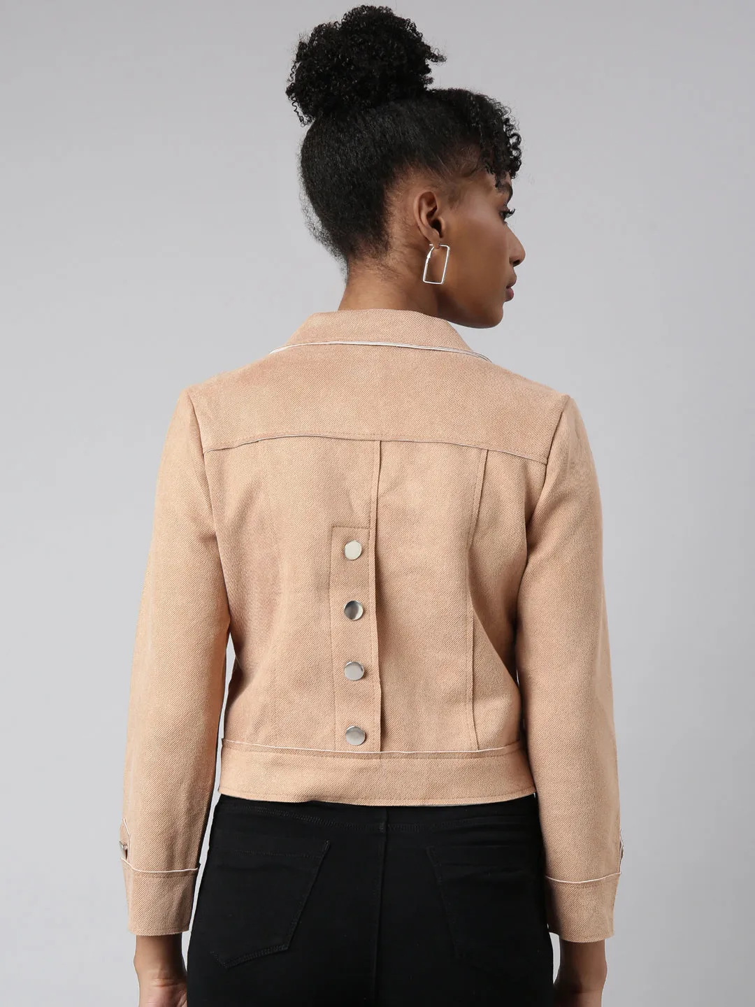 Women Solid Crop Beige Tailored Jacket