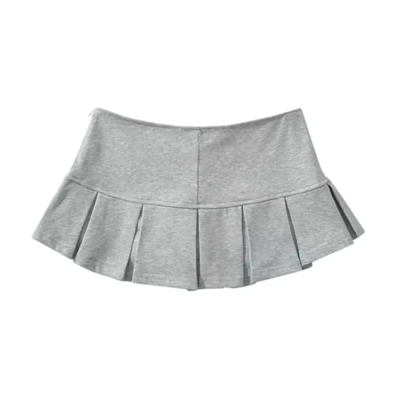 Women Terry Fabric Y2K Mini Skirt Wide Pleat Low Waist Grey A-line Sexy Pleated Skirt Vintage Preppy Skort Casual Summer