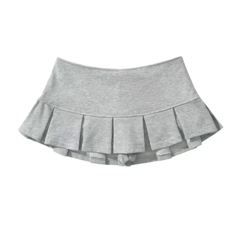 Women Terry Fabric Y2K Mini Skirt Wide Pleat Low Waist Grey A-line Sexy Pleated Skirt Vintage Preppy Skort Casual Summer