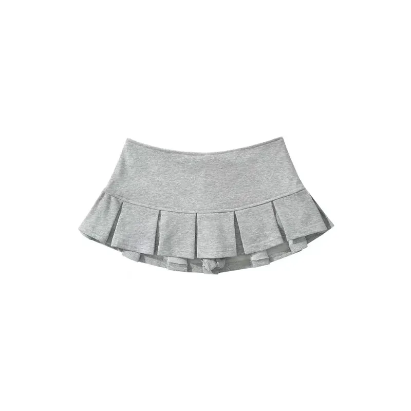 Women Terry Fabric Y2K Mini Skirt Wide Pleat Low Waist Grey A-line Sexy Pleated Skirt Vintage Preppy Skort Casual Summer