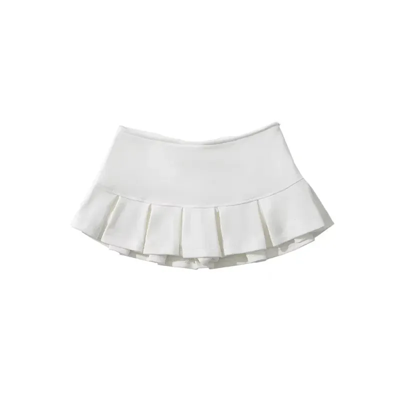 Women Terry Fabric Y2K Mini Skirt Wide Pleat Low Waist Grey A-line Sexy Pleated Skirt Vintage Preppy Skort Casual Summer