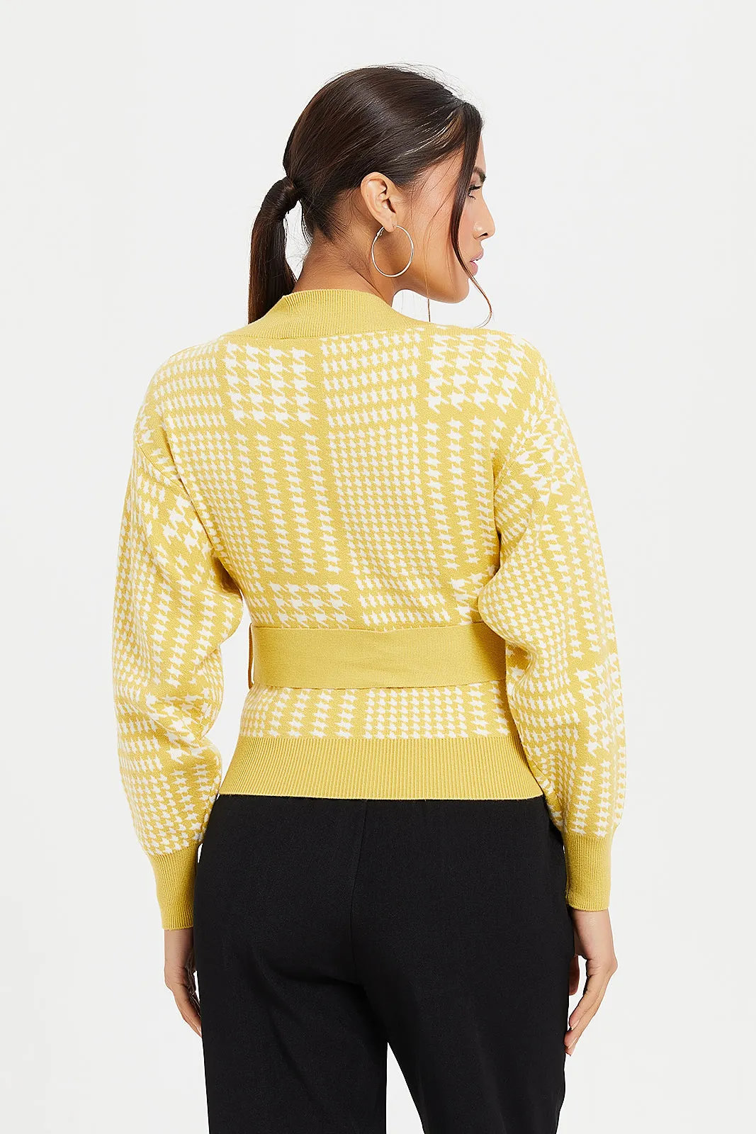 Women Yellow Knitted Belted Pullover