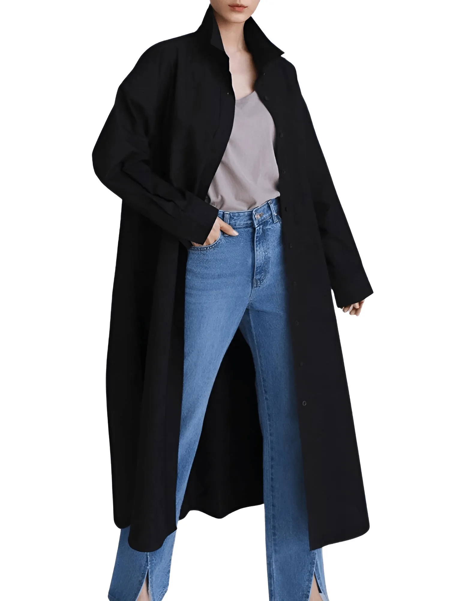 Women's Extra Long Blouse Casual New Lapel Long Sleeve Loose Fit Shirt Women's Fashion