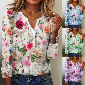 Women's Floral Printed V-neck Long-sleeved T-shirt Top