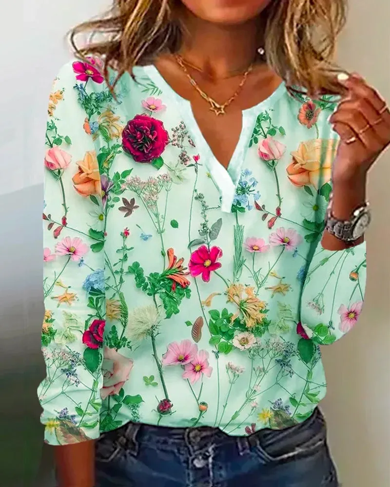 Women's Floral Printed V-neck Long-sleeved T-shirt Top