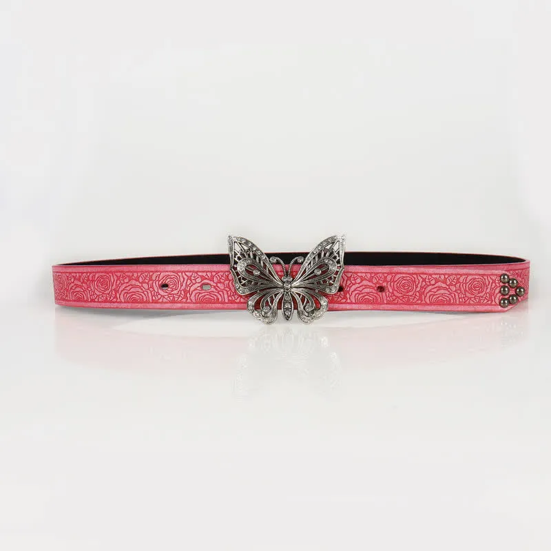 Women's Rose Embossed Rhinestone Butterfly Leather Belt