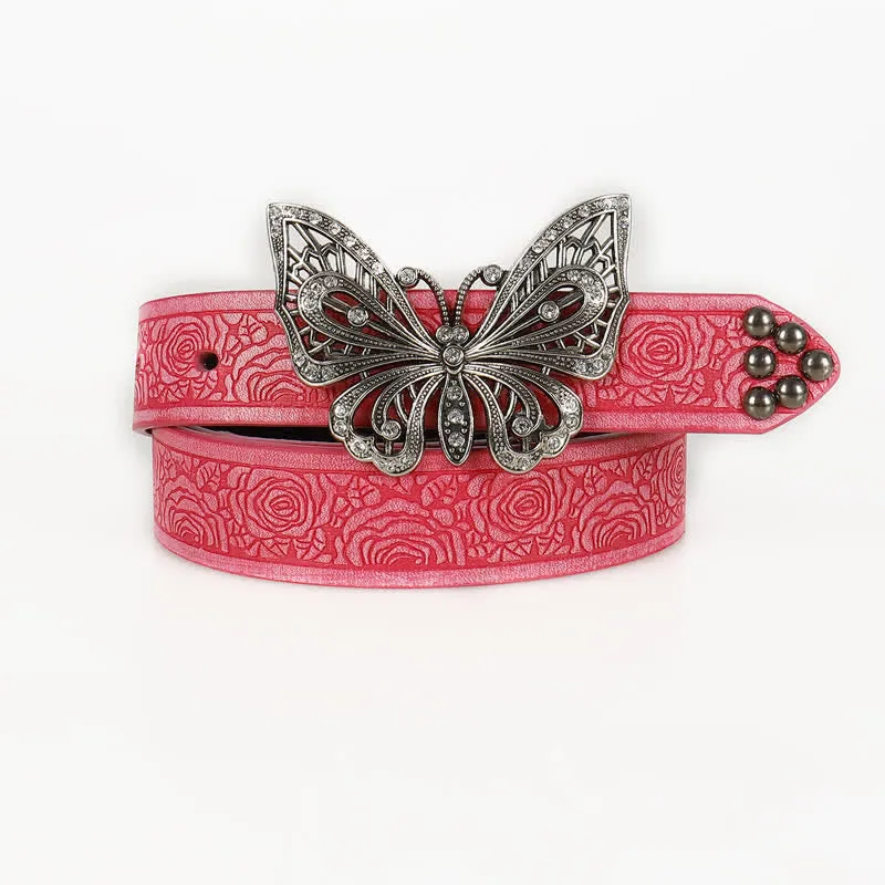 Women's Rose Embossed Rhinestone Butterfly Leather Belt