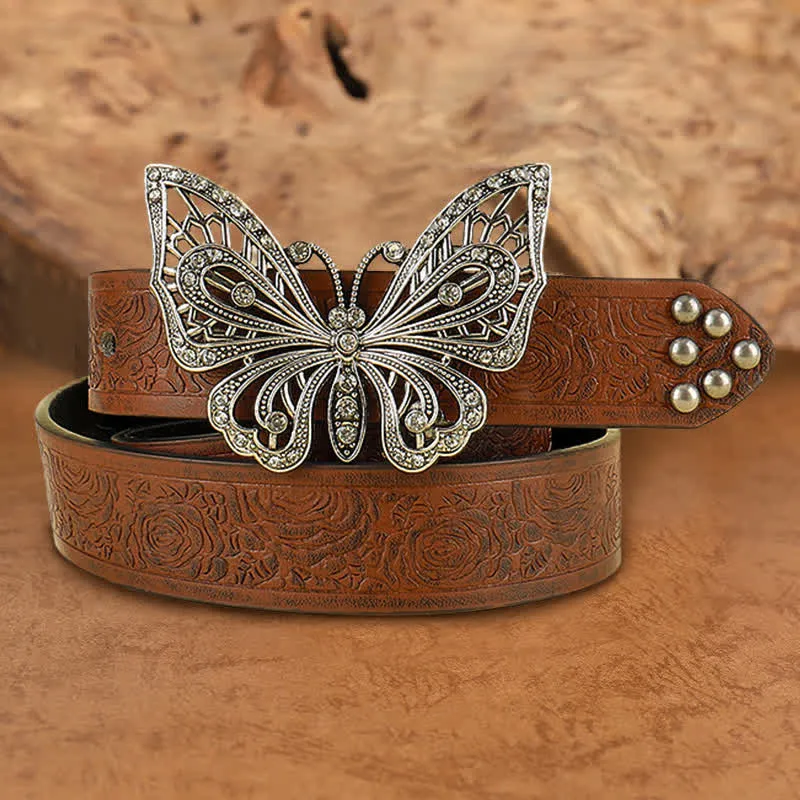 Women's Rose Embossed Rhinestone Butterfly Leather Belt