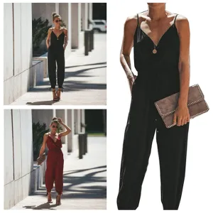 Women's Sexy V-Neck Solid Color Strappy Jumpsuit with Pockets