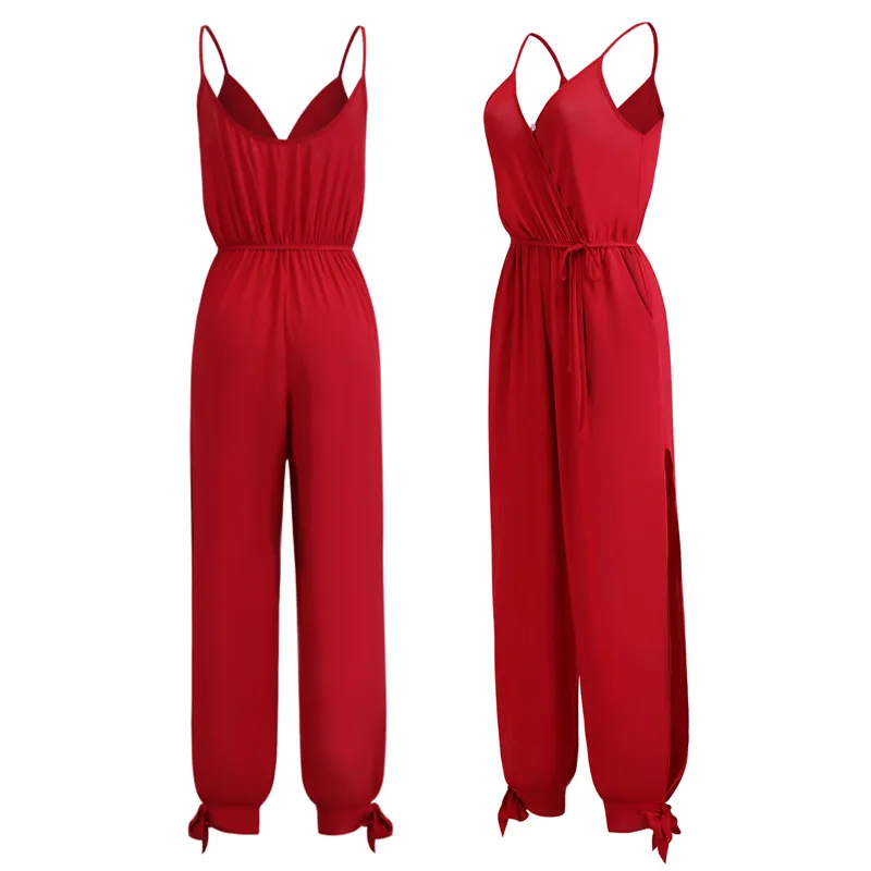 Women's Sexy V-Neck Solid Color Strappy Jumpsuit with Pockets