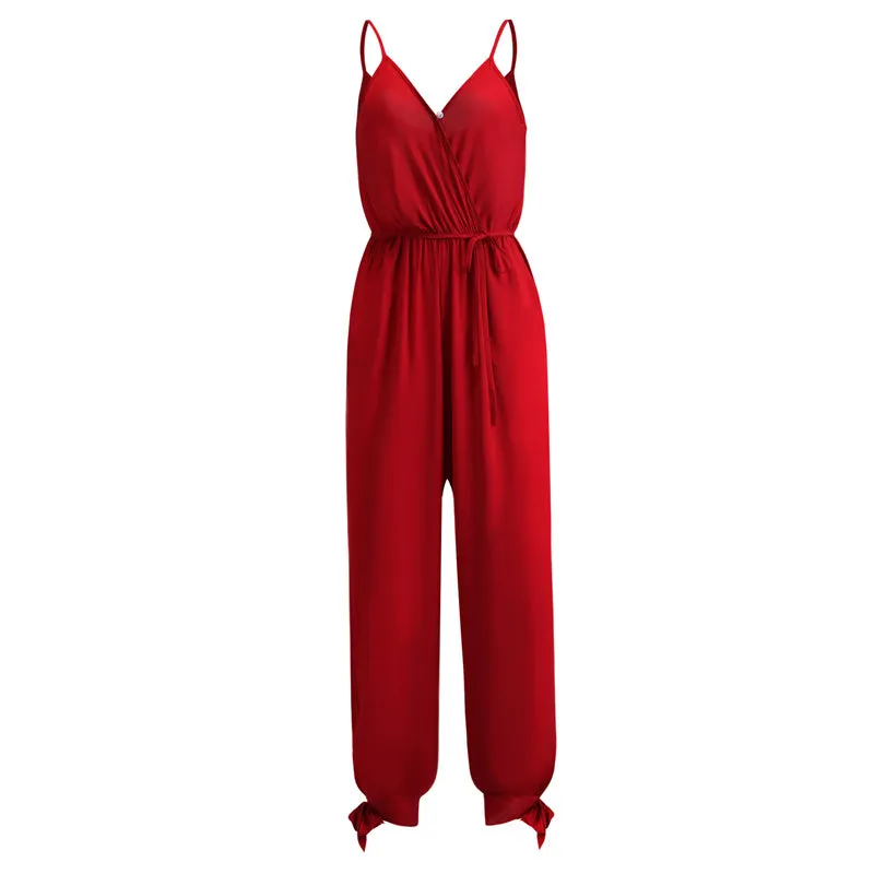 Women's Sexy V-Neck Solid Color Strappy Jumpsuit with Pockets