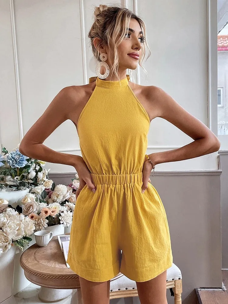 Women's Summer Jumpsuit Short Casual Halter Bandage Solid Rompers