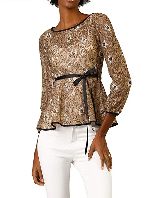 Women's Tie Waist Formal Long Sleeve Semi Sheer Lace Peplum Top