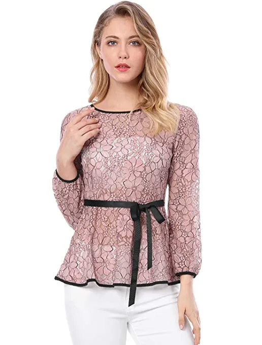 Women's Tie Waist Formal Long Sleeve Semi Sheer Lace Peplum Top