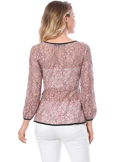 Women's Tie Waist Formal Long Sleeve Semi Sheer Lace Peplum Top