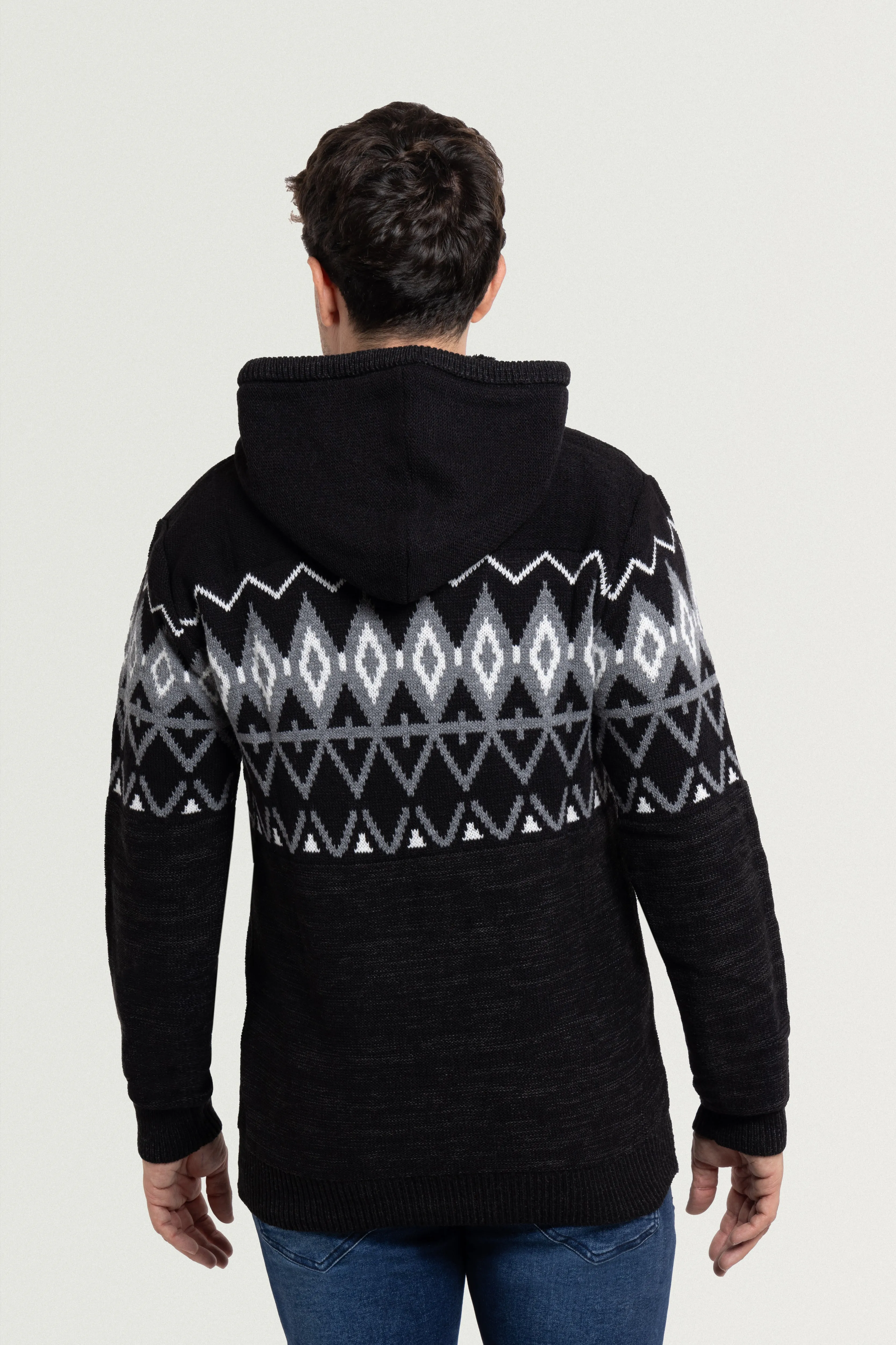 X RAY Men's Colorblocked Pattern Fair Isle Sherpa Hooded Sweater