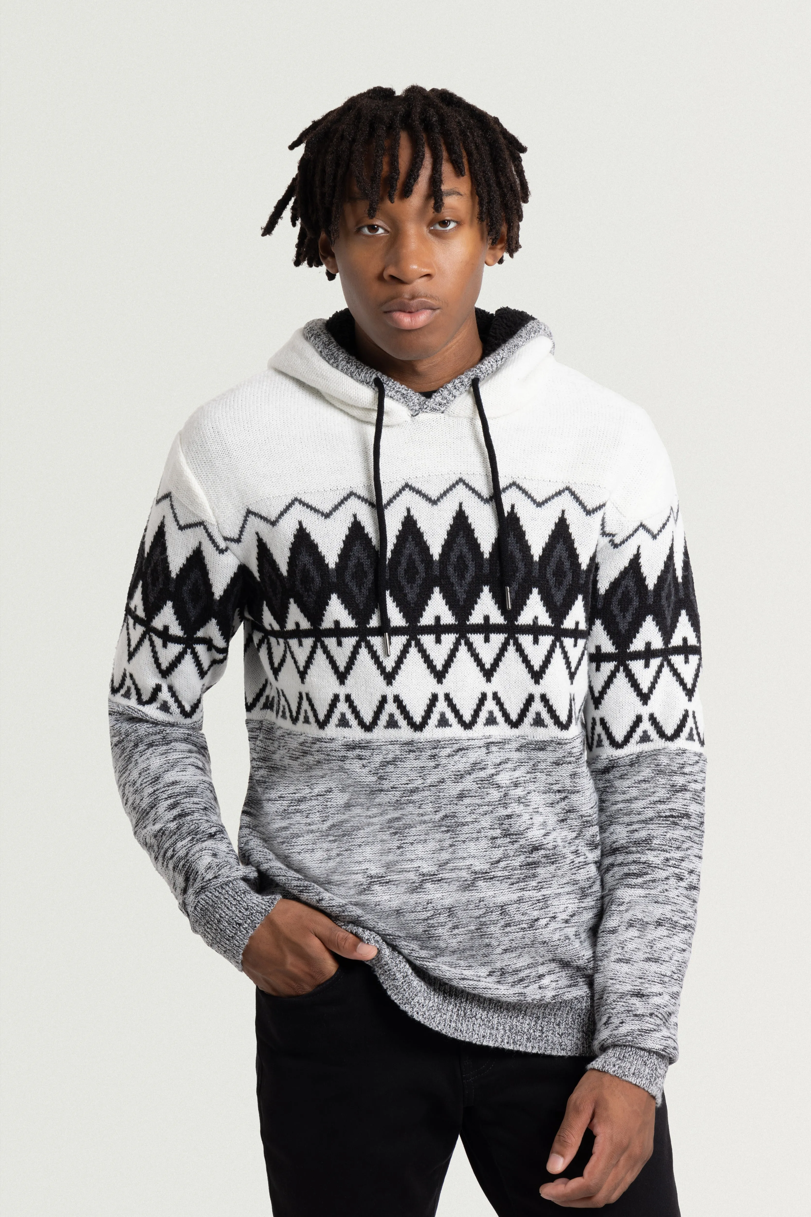 X RAY Men's Colorblocked Pattern Fair Isle Sherpa Hooded Sweater