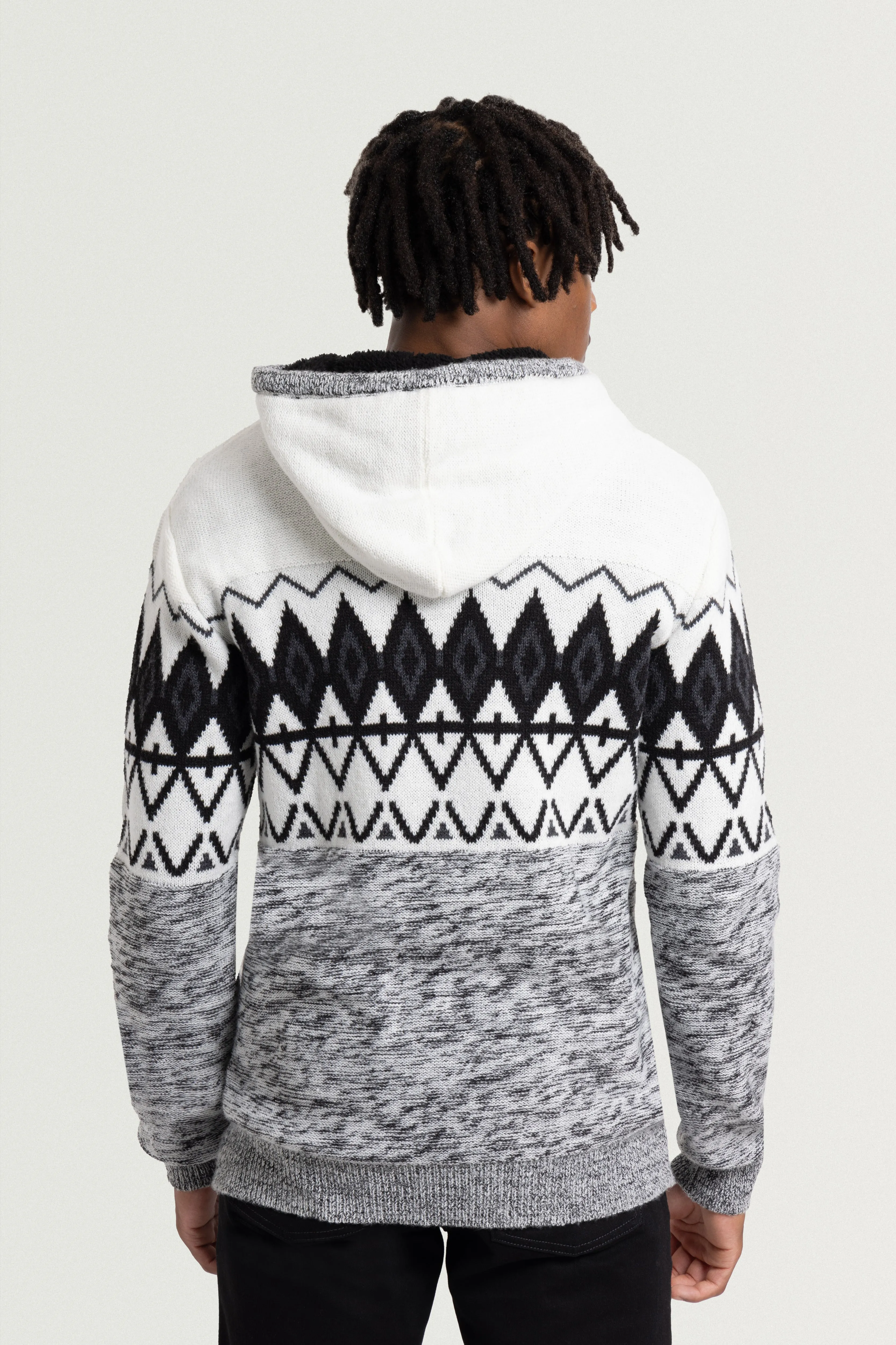 X RAY Men's Colorblocked Pattern Fair Isle Sherpa Hooded Sweater