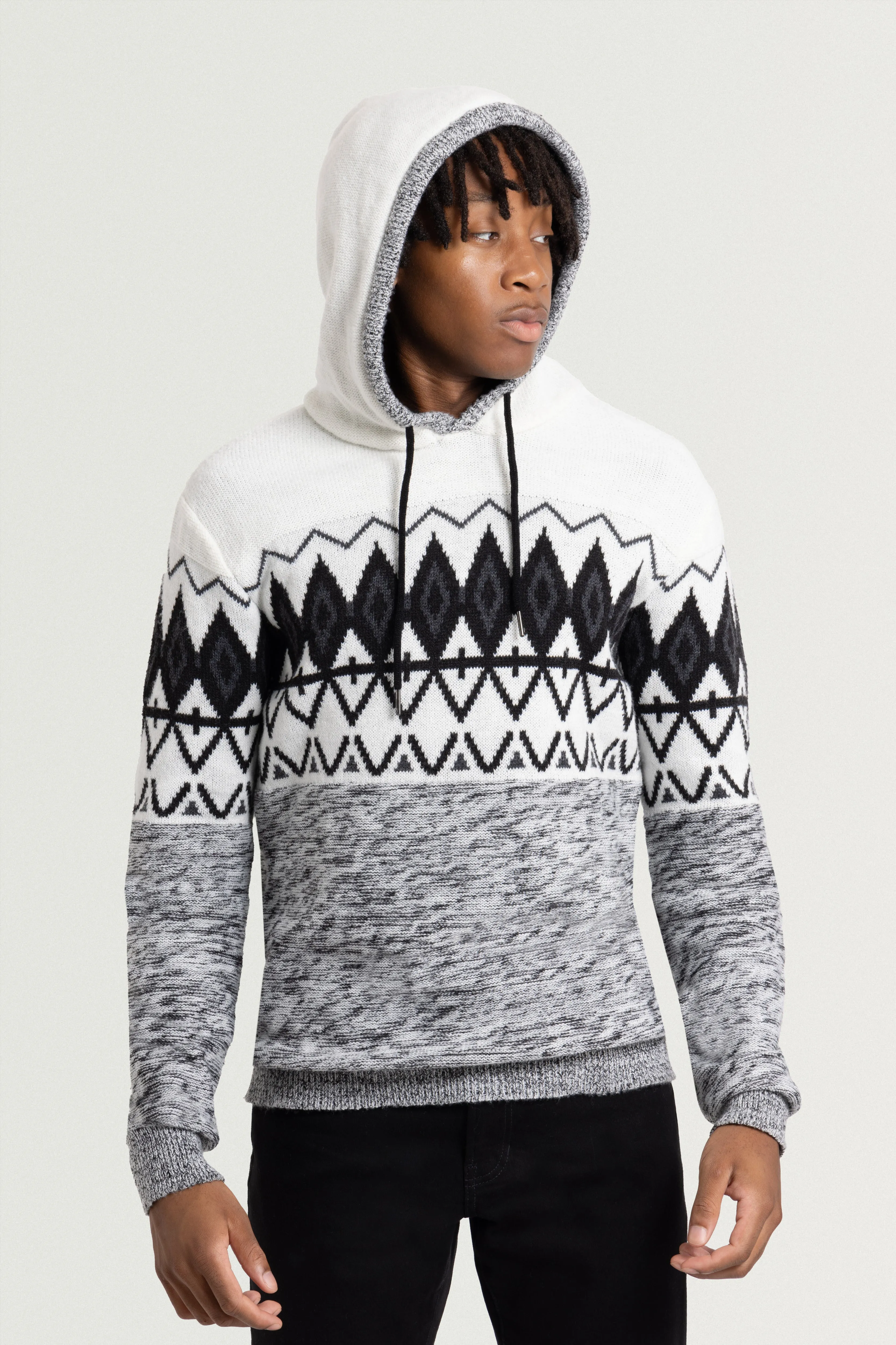 X RAY Men's Colorblocked Pattern Fair Isle Sherpa Hooded Sweater