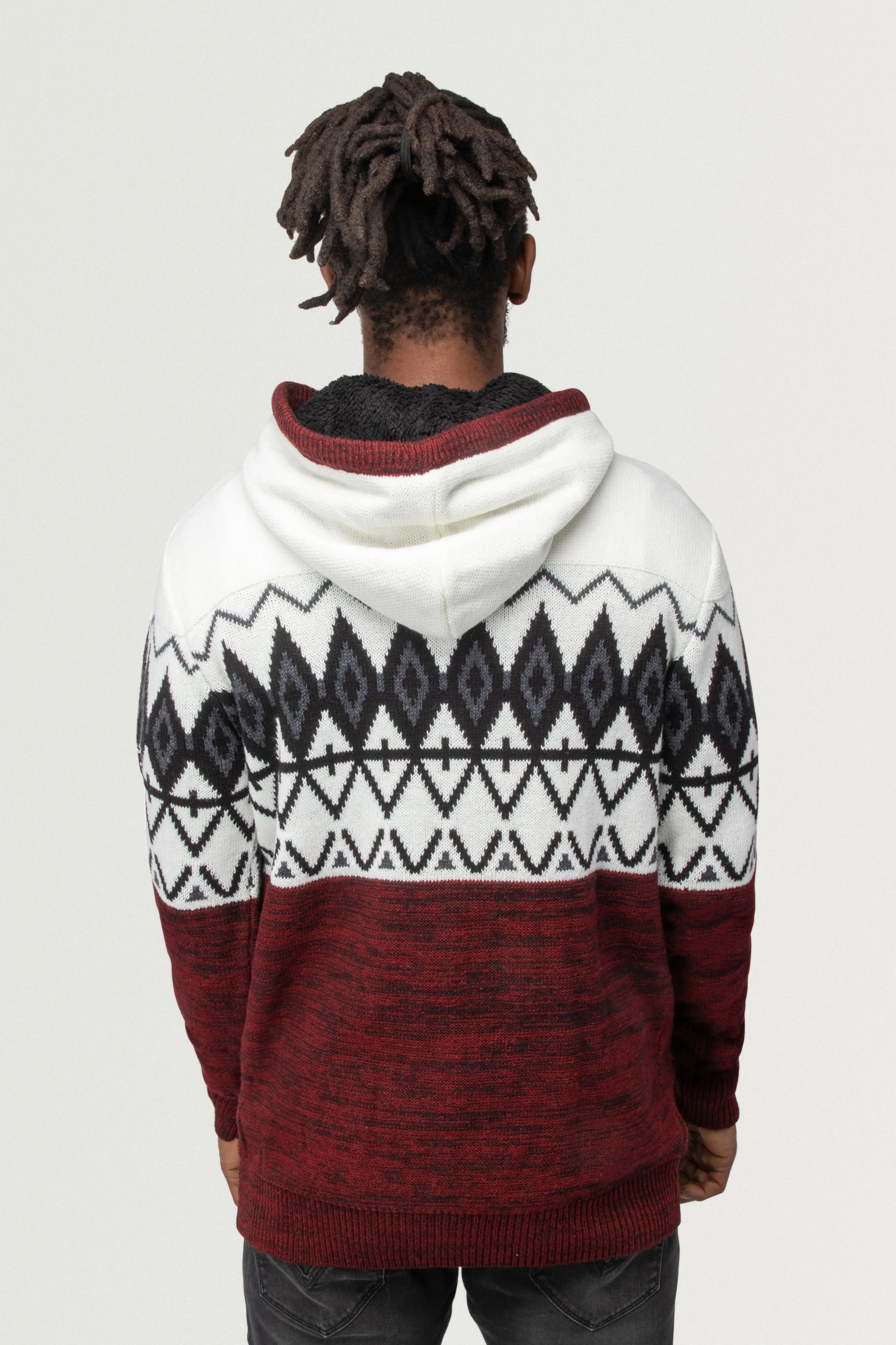 X RAY Men's Colorblocked Pattern Fair Isle Sherpa Hooded Sweater