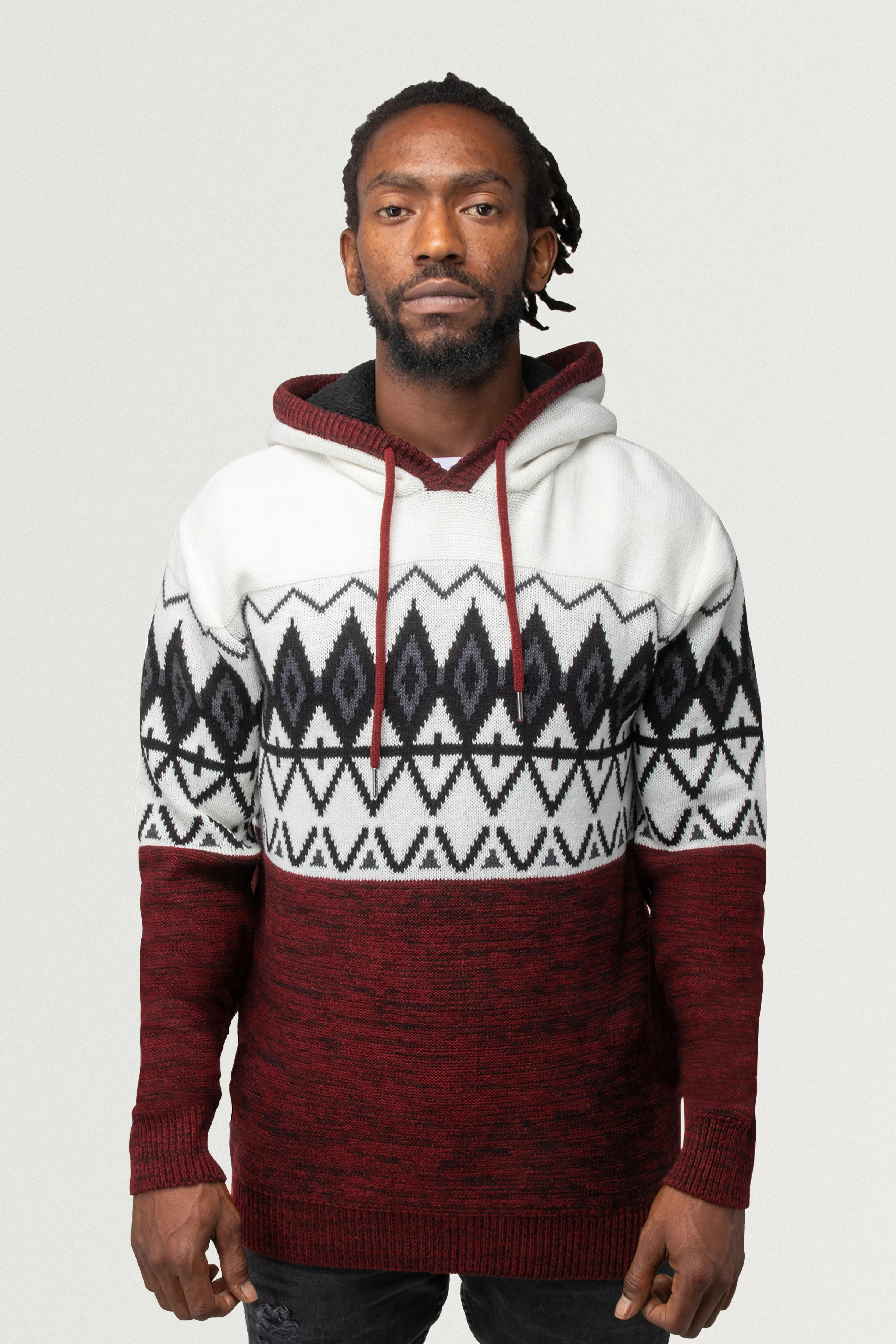 X RAY Men's Colorblocked Pattern Fair Isle Sherpa Hooded Sweater