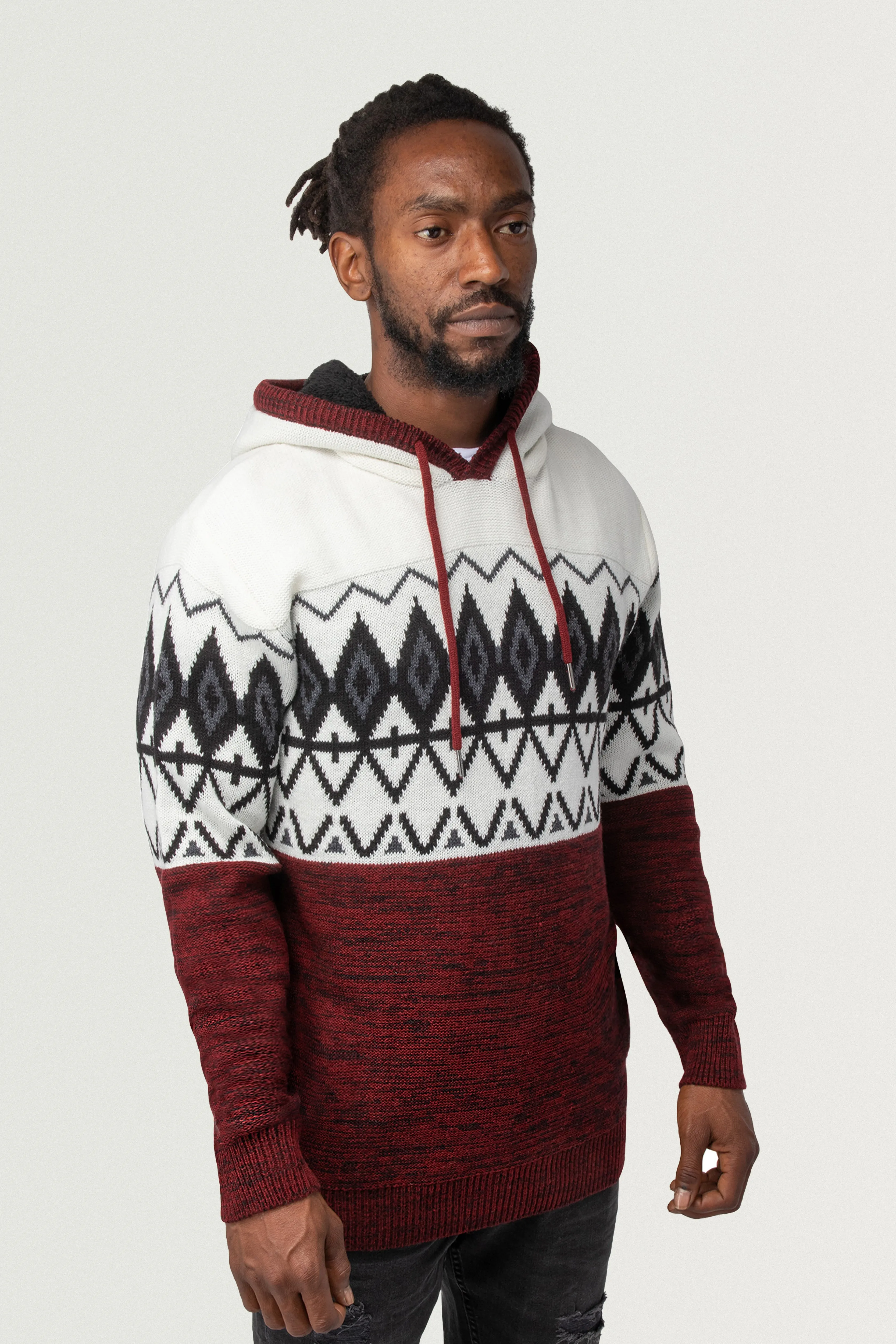 X RAY Men's Colorblocked Pattern Fair Isle Sherpa Hooded Sweater