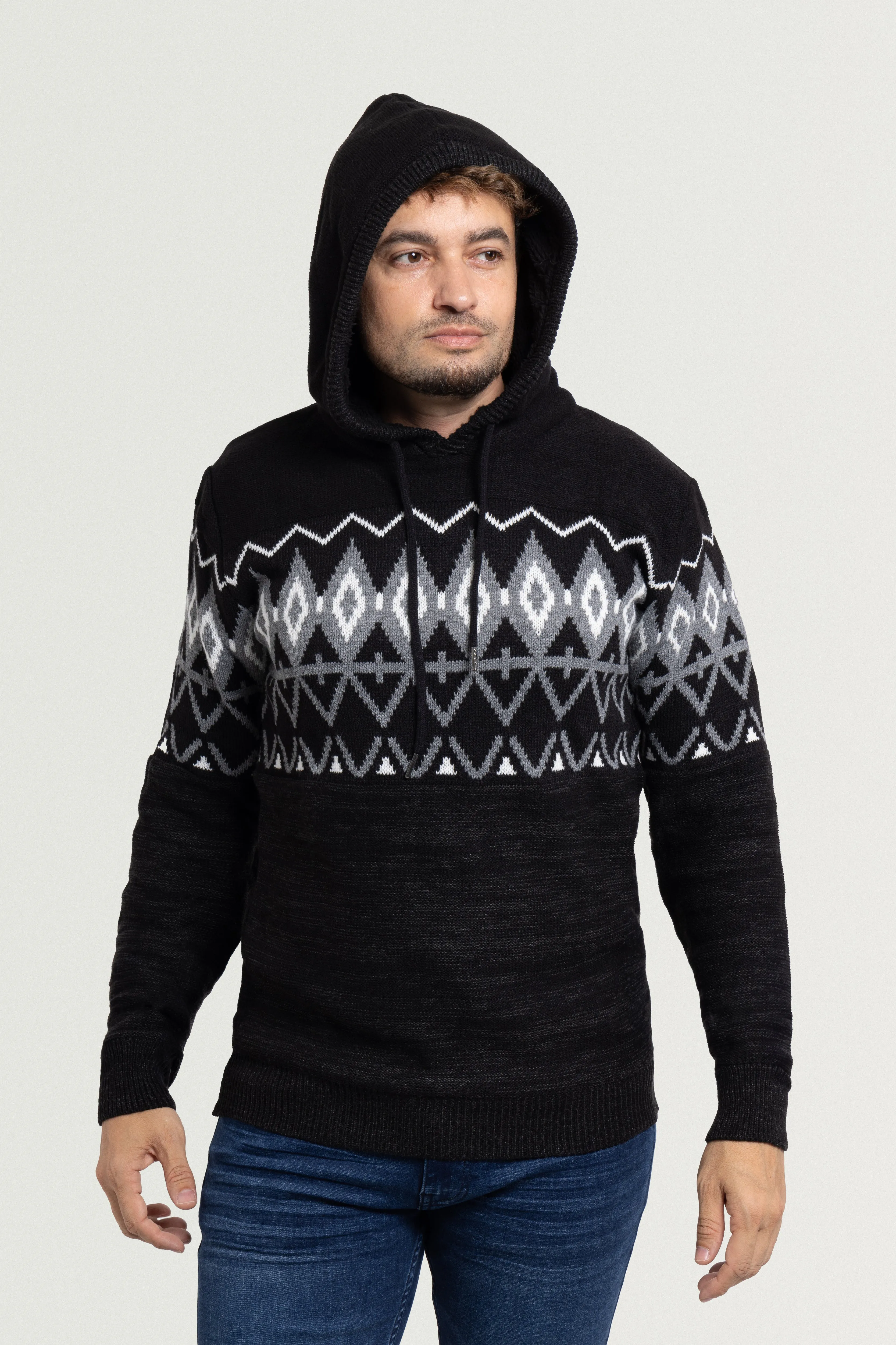 X RAY Men's Colorblocked Pattern Fair Isle Sherpa Hooded Sweater