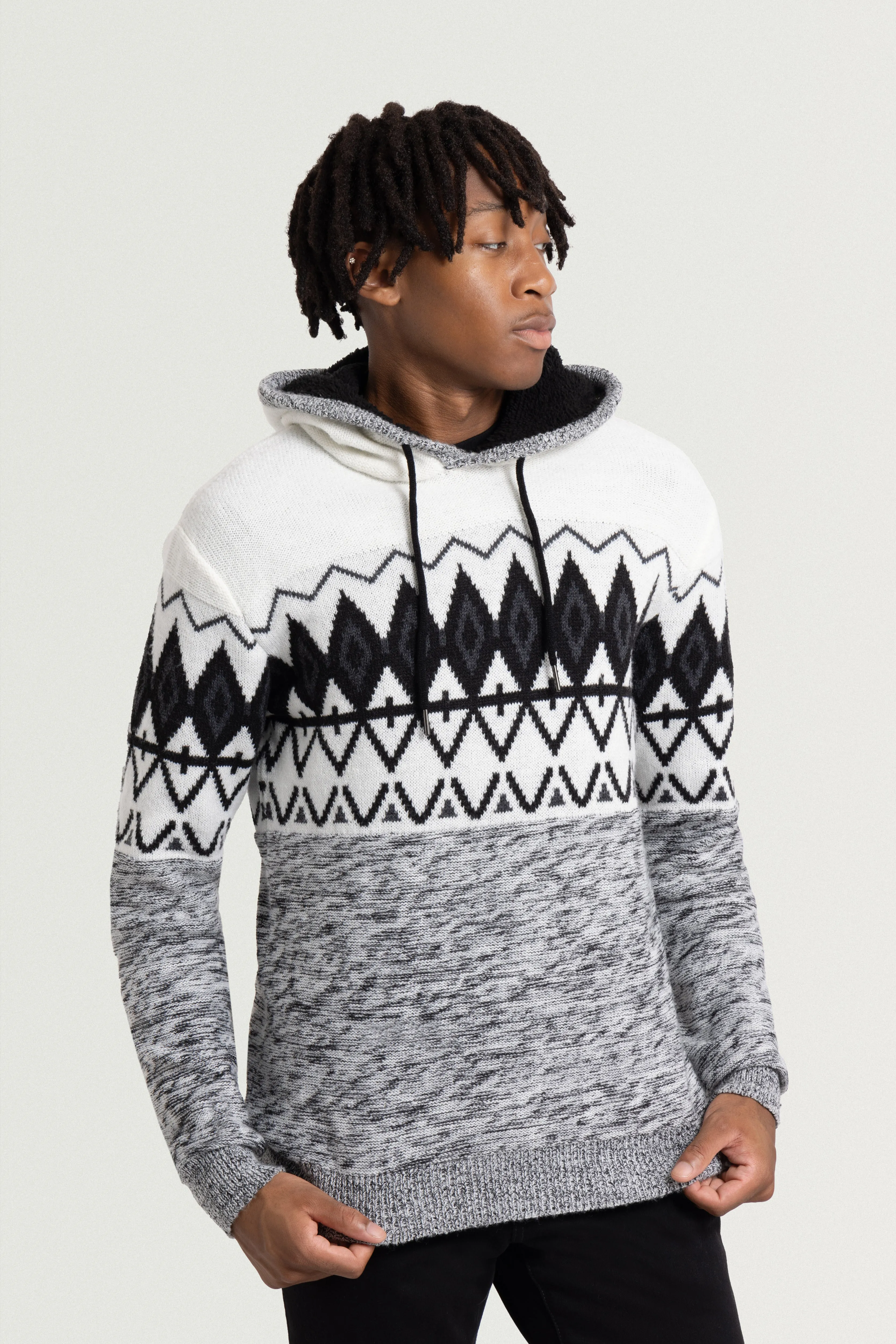 X RAY Men's Colorblocked Pattern Fair Isle Sherpa Hooded Sweater