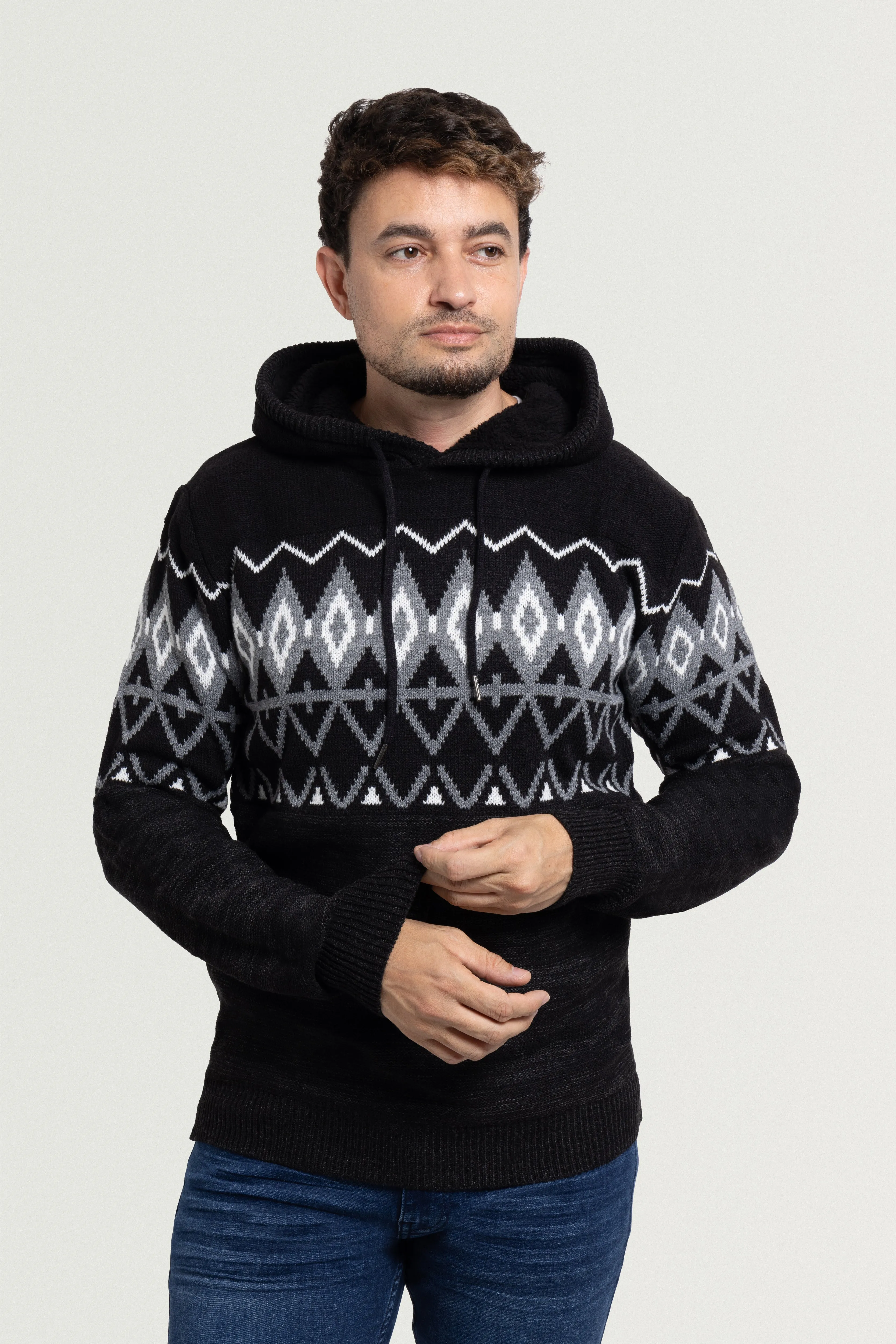 X RAY Men's Colorblocked Pattern Fair Isle Sherpa Hooded Sweater