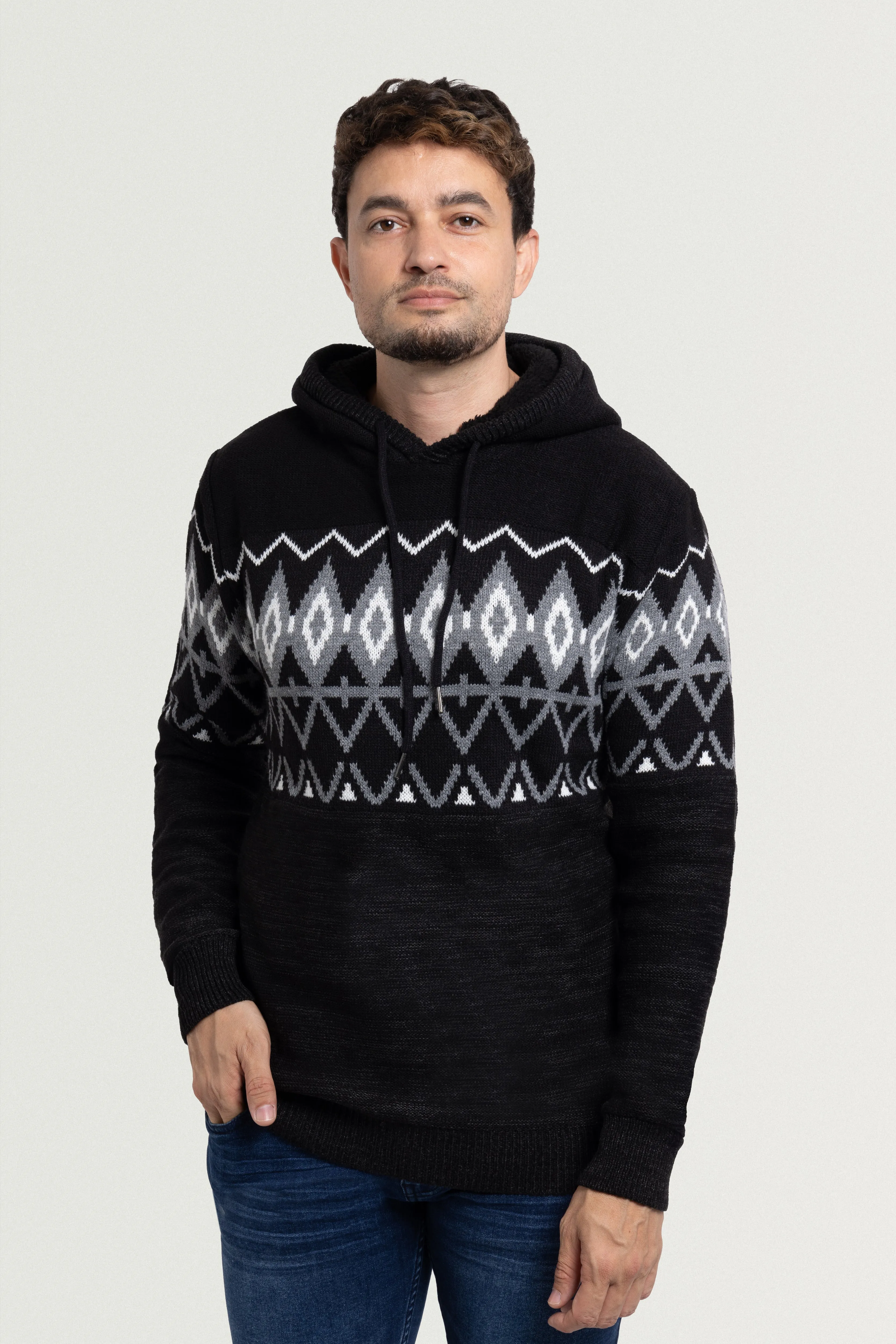 X RAY Men's Colorblocked Pattern Fair Isle Sherpa Hooded Sweater