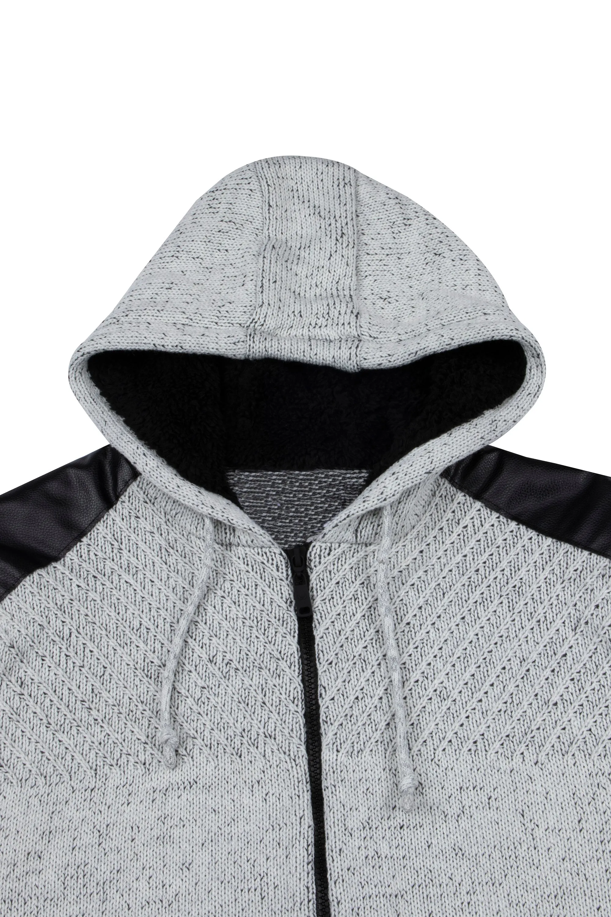 X RAY Men's Hooded Full Zip Up Sweater with Leather Shoulder Patch