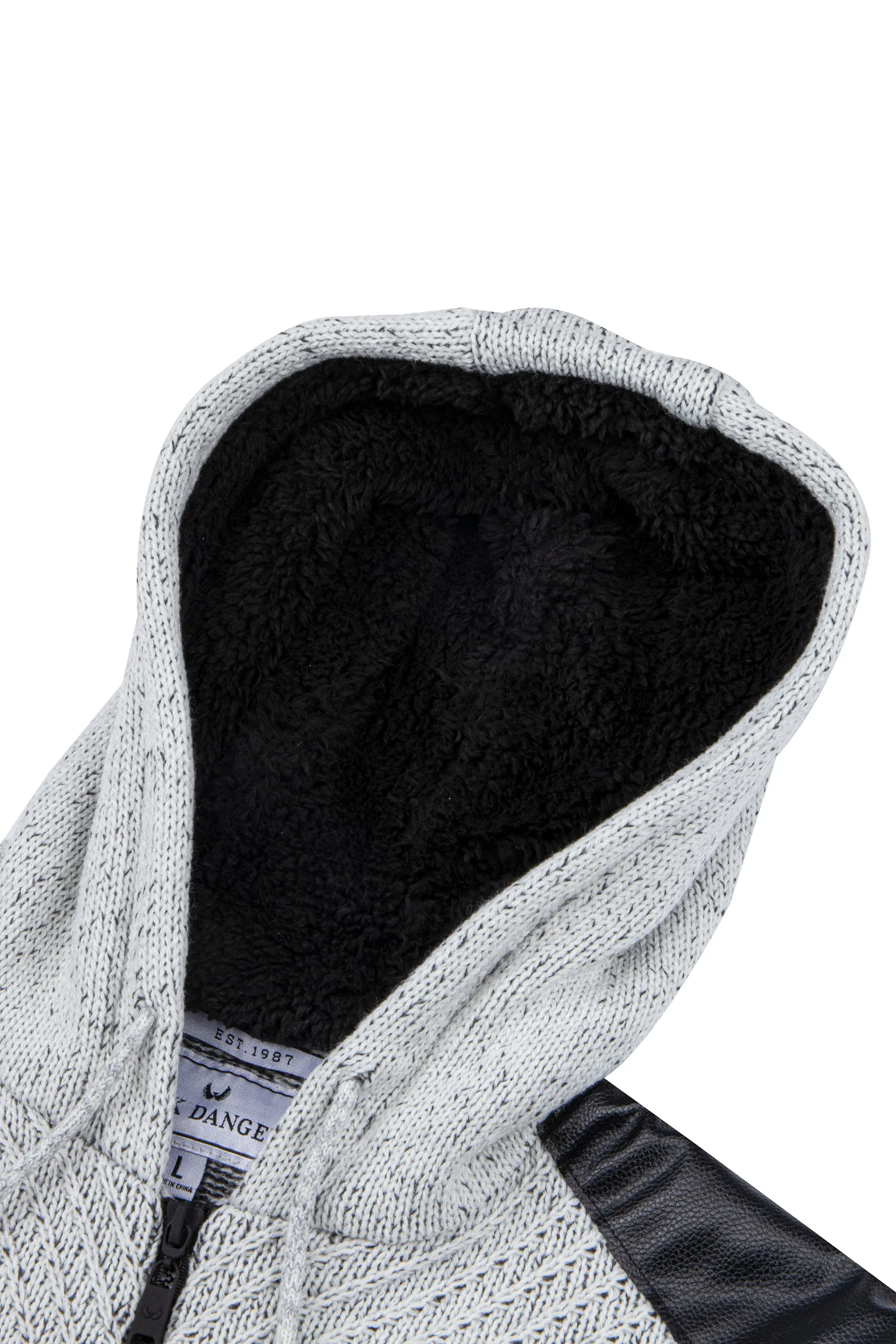 X RAY Men's Hooded Full Zip Up Sweater with Leather Shoulder Patch