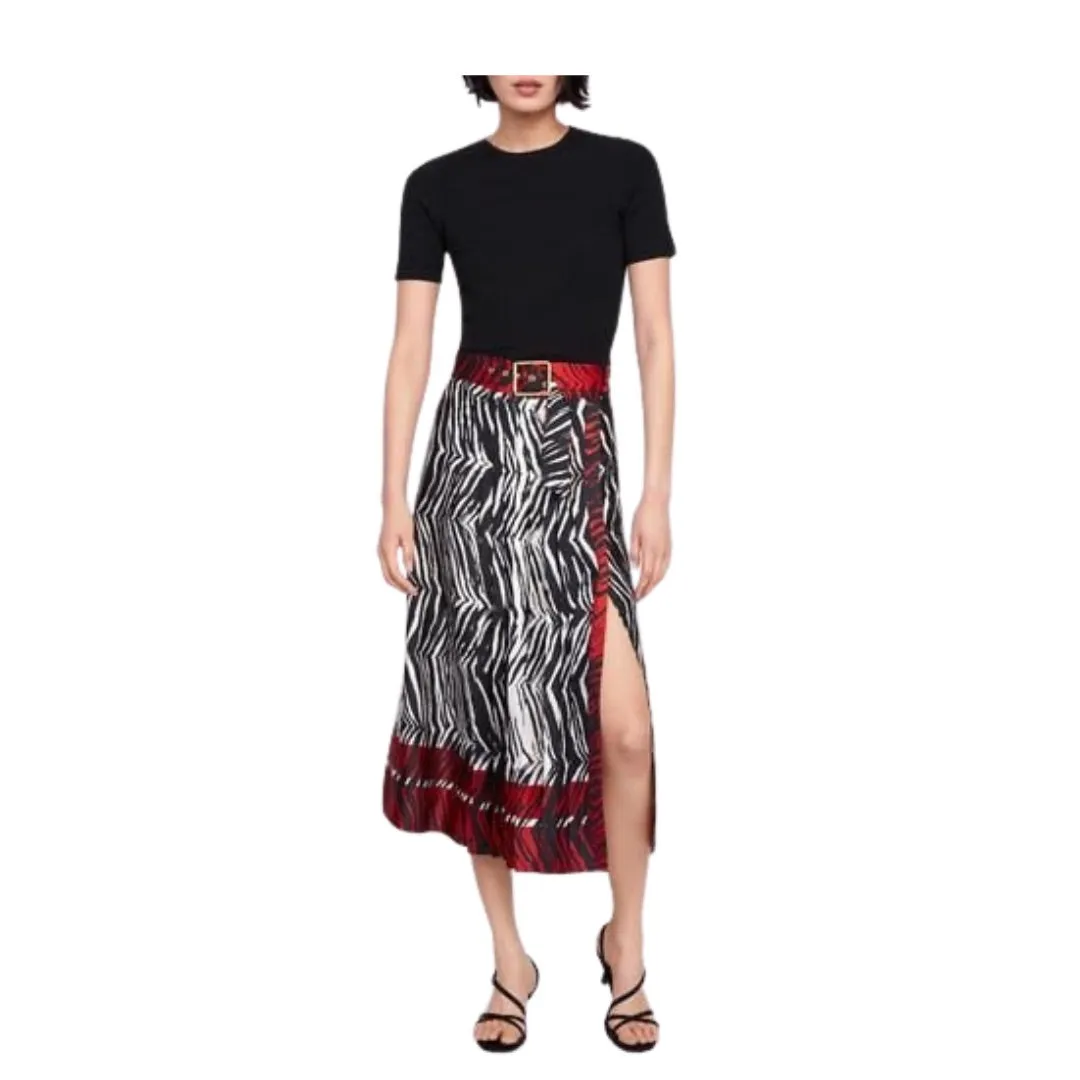 Zara Zebra Print Pleated Split Midi Skirt Red SIZE XL