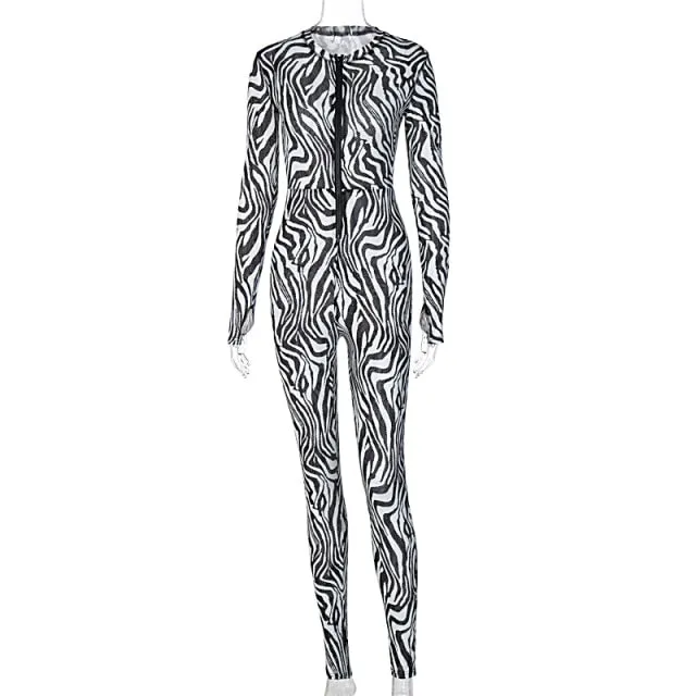 Zebra Print Mesh Zip Up Jumpsuit Women Outfits Stretchy Romper