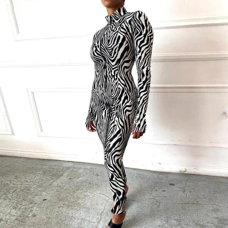 Zebra Print Mesh Zip Up Jumpsuit Women Outfits Stretchy Romper